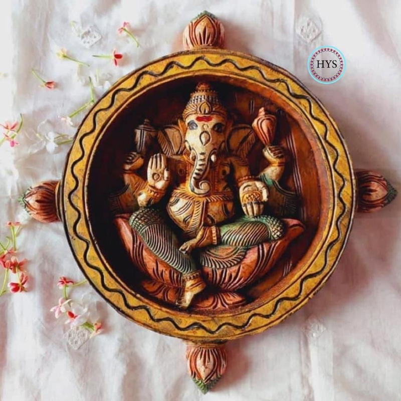 Handcarved Ganesha Wall Mount /wall Hanging-handmade -round Multicolour