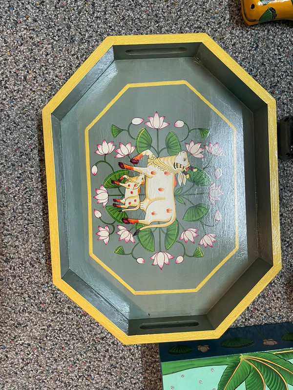 Spice Box Handmade Hand Painted Pichwai Cows Solid Wood Tray Wooden Rectangle Breakfast Serving Tray