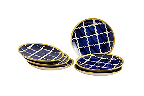 Freakway Ceramic Handmade Blue Umrao Quarter Plate/Moroccan Handpainted' Plates | Easy to Clean, Microwave Safe, Handcrafted, Stain Free_Set of 6 Plates, 7" Inches-Blue