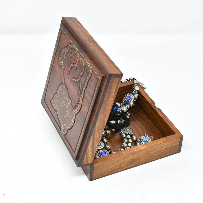 Hand Engraved Inlaid Brass Chips Wooden Box Cat Keepsake Jewelry Organizer &Storage -6x6 Inch